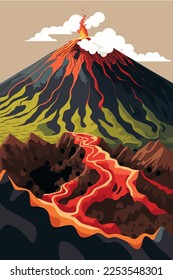 ilustración Montaña volcánica en erupción vista de fondo en vector de color plano