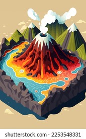 illustration Volcanic Mountain In Eruption background view in flat color vector