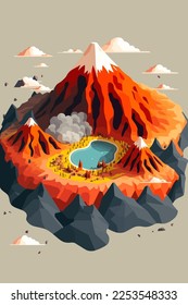 illustration Volcanic Mountain In Eruption background view in flat color vector