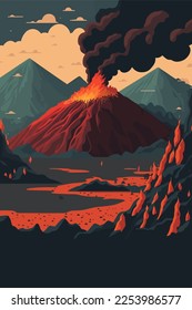 illustration Volcanic Mountain In Eruption background view in flat color vector