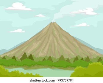 Illustration of a Volcano with a Clear Blue Sky, Trees and a River