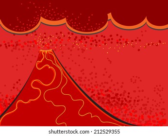 Illustration of a volcano erupting. Bright background. Power of nature. lava and low clouds. On red. Vector art.