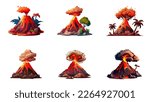 Illustration of volcano eruption. Volcano in cartoon style isolated on white background. Volcanic eruption process. Vector flat set of volcano eruption, lava illustration.Volcano erupt with flow magma