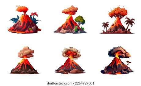 Ilustración de la erupción volcánica. Volcán al estilo caricaturista aislado en fondo blanco. Proceso de erupción volcánica. Conjunto plano vectorial de erupción volcánica, ilustración de lava. Erupción volcánica con magma de flujo