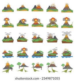 Illustration of volcano eruption. Volcano in cartoon style isolated on white background. Volcanic eruption process. Vector flat set of volcano eruption, lava illustration.Volcano erupt with flow magma