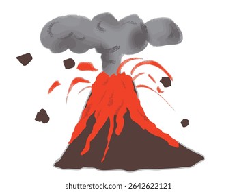 Illustration of a volcano spewing lava and ejecting cinders