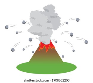 illustration of a volcano that erupts, raises smoke, and shoots volcanic stones.