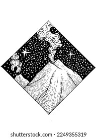 illustration of a volcano under the night sky