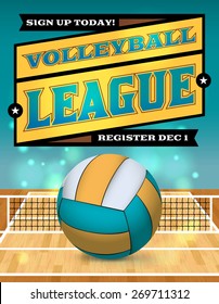 An illustration for a volleyball league flyer or poster. Vector EPS 10. EPS file contains transparencies and a gradient mesh. Copy has been converted to outlines in the EPS. EPS if layered.