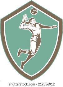 Illustration of a volleyball player spiker jumping spiking hitting ball set inside crest shield on isolated background done in retro style.