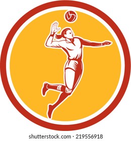 Illustration of a volleyball player spiker jumping spiking hitting ball set inside circle on isolated background done in retro style.
