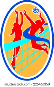 Illustration of a volleyball player spiker jumping spiking hitting ball with defender blocking set inside oval shape on isolated background done in retro style.