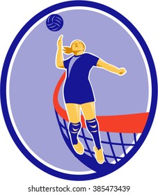 Illustration of a volleyball player spiker jumping spiking hitting ball set inside oval shape withe net in the background done in retro style.