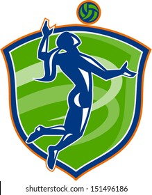 Illustration of a volleyball player spiker spiking hitting ball set inside crest shield done in retro style.