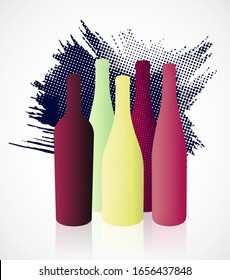 Illustration with volume of different wine bottles. Colors of red, rosé and white wine. Halftone dot texture. Illustration for wine event designs. Abstract stroke background. vector