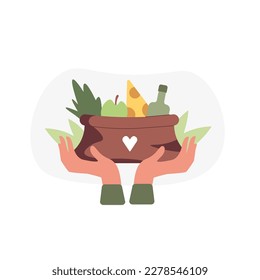 Illustration of volunteer holding box with free drinks and food. Humanitarian aid organization. Grocery for needy people. Hunger support program. Vector