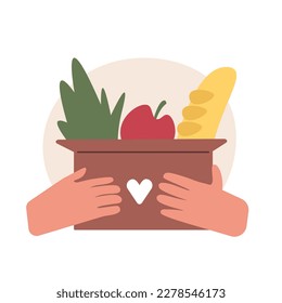 Illustration of volunteer holding box with free food as donations. Humanitarian aid service representative. Grocery for needy and poor people. Voluntary altruistic activity. Vector