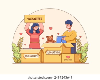 Illustration of volunteers getting together to collect donations and create a donation campaign to help people in need.