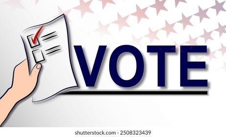 Illustration of a voting concept with a hand holding a ballot next to the word ‘Vote.’ Perfect for election campaigns, political events, and voting promotions.