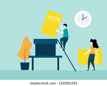 illustration of voting concept people hold ballot paper and putting into big box vector cartoon