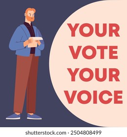 illustration of a voting scene with a young man, highlighting the democratic process. Emphasizes the importance of each vote with elements of patriotism and social engagement