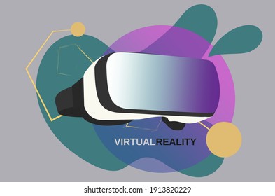 Ilustración de gafas de Realidad Virtual VR o lente con fondo geométrico abstracto en colores mudos y estilo plano. Colorido con el neón azul, rosa, amarillo y verde y los respaldos degradados. Vectorizado