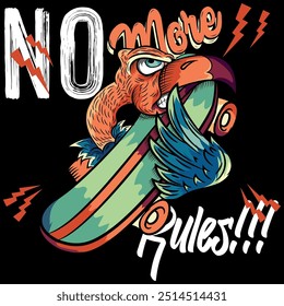 Illustration of a vulture holding a long skateboard with colorful details in tattoo style, urban and graffiti texts, flags and classic details