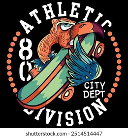 Illustration of a vulture holding a long skateboard with colorful details in tattoo style, urban and graffiti texts, flags and classic details