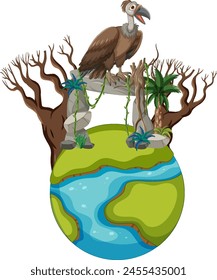 Illustration of a vulture on a dying planet.
