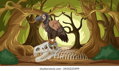 Illustration of a vulture on a skeleton among trees.