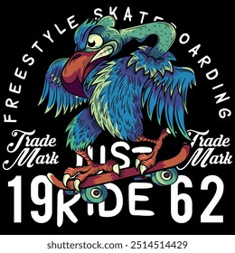 Illustration of a vulture in urban tattoo style with a skateboard and texts on colorful worn-out style backgrounds and trendy gradients, names of beaches and places in California beach.