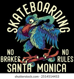 Illustration of a vulture in urban tattoo style with a skateboard and texts on colorful worn-out style backgrounds and trendy gradients, names of beaches and places in California beach.