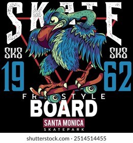 Illustration of a vulture in urban tattoo style with a skateboard and texts on colorful worn-out style backgrounds and trendy gradients, names of beaches and places in California beach.