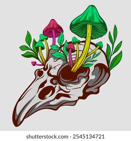 Illustration of vulture's skull with mushrooms growing woodcut engraving style element for tattoos and apparel design