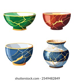 Uma ilustração da filosofia wabi-sabi, mostrando a arte de kintsugi — consertando objetos quebrados com ouro para celebrar imperfeições, impermanência e beleza em falhas.