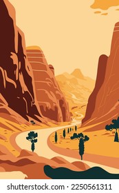 illustration of Wadi Rum jordan retro posters famous deserts of the  in flat vector background for art print wall decor or banner design template