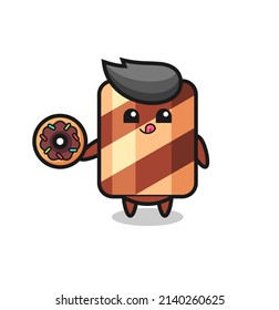illustration of an wafer roll character eating a doughnut , cute style design for t shirt, sticker, logo element