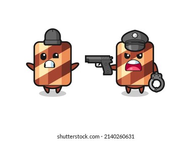 illustration of wafer roll robber with hands up pose caught by police , cute style design for t shirt, sticker, logo element