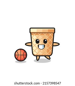 Illustration of waffle cone cartoon is playing basketball , cute design