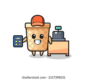 Illustration of waffle cone character as a cashier , cute design