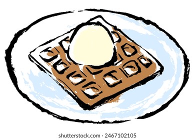 Illustration of waffle with vanilla ice cream on a plate of brush touch