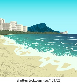 Illustration of Waikiki beach, Oahu island, Hawaii in the North Pacific Ocean, USA