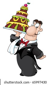 illustration of a waiter with cake