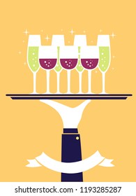 Illustration of a Waiter Hand Carrying a Tray Full of Cocktail Drinks with a Blank Ribbon Below