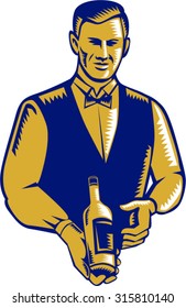 Illustration of a waiter holding presenting wine bottle facing front set on isolated white background done in retro woodcut style. 