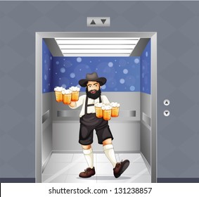 Illustration of a waiter with mug of beers at the elevator