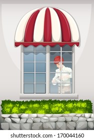 Illustration of a waiter near the window