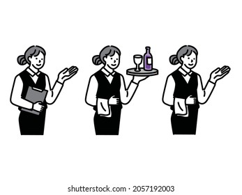 An illustration of a waiter and waitress.Clerk, part-time job, customer service, order, alcohol, manners.