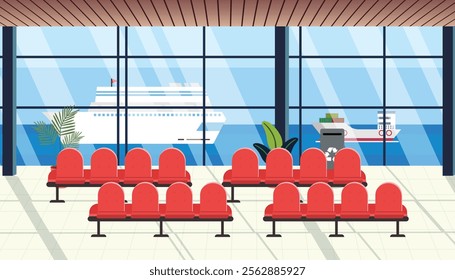 a illustration of waiting room ship harbor