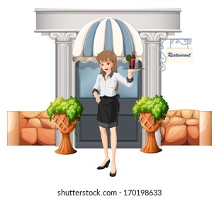 Ilustración de una camarera sosteniendo una bandeja frente al restaurante sobre un fondo blanco